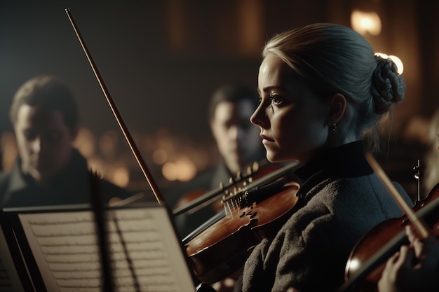 Candid shot of women in an orchestra violinists playing classical music Ai generated