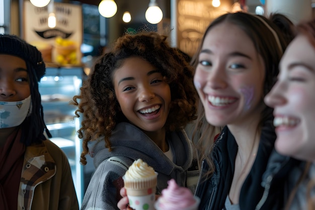 Photo candid shots of diverse girls smiling and enjoying their gelato in italy ice cream summer holiday