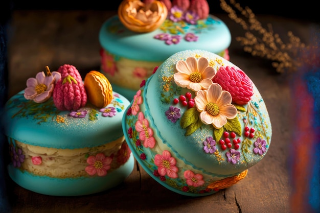 Candied french macaron cakes decorated with colorful berries and flowers