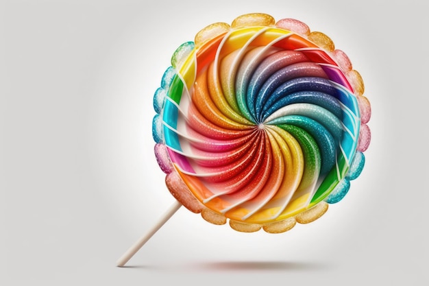 Candied lollipop in rainbow hues against a white background