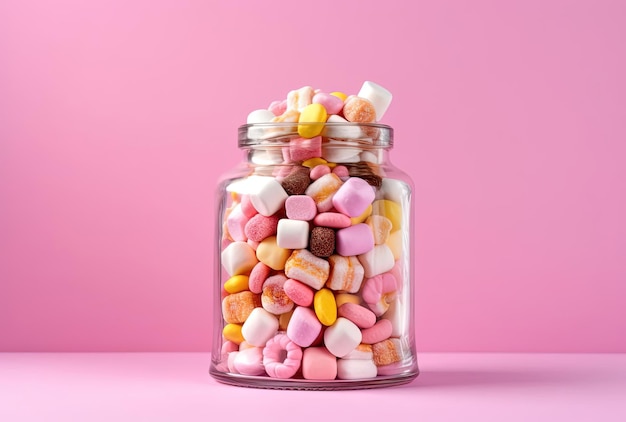 Candies and marshmallows with waffle cone in glass jar on pink background