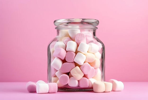 Candies and marshmallows with waffle cone in glass jar on pink background