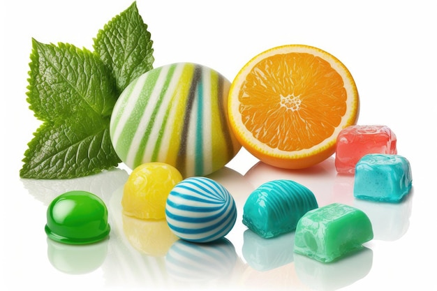 Candies of various fruit flavors shown against a white background