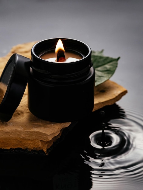 A candle in a black jar stands on a stone in the water