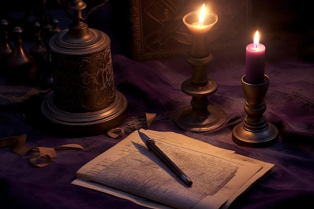 A candle and a book on a desk with a magic wand on it