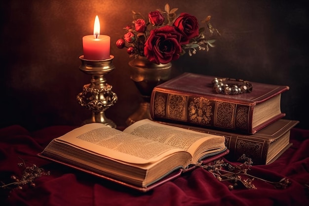 A candle and a book on a table