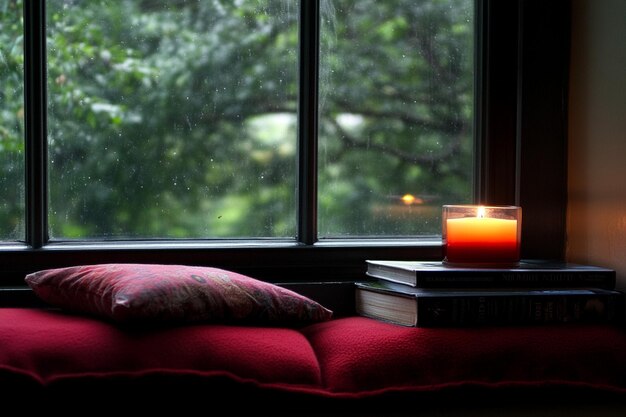 Photo candle and books in a cozy reading nook