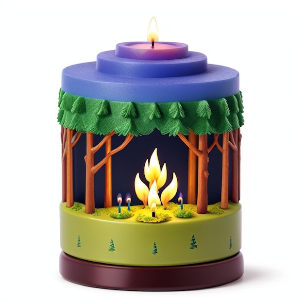 A candle burning beside a campfire in the woods