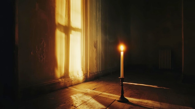 Photo a candle burning in a dimly lit room with the flame providing the only light and casting long shadows on the walls