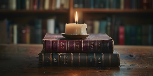 Photo candle burning on religious books