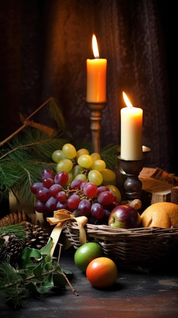 A candle burns in the background with a basket of fruit in front of it.