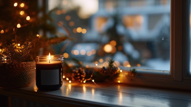 Candle by Window with Potted Plant