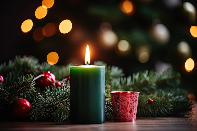 a candle and a candle sit on a table in front of a christmas tree.