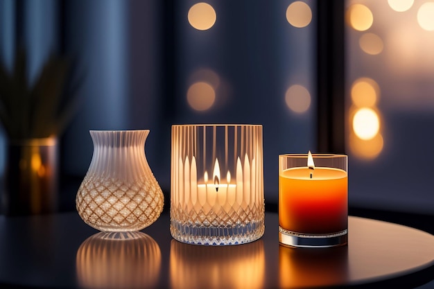 A candle and a candle on a table with lights in the background