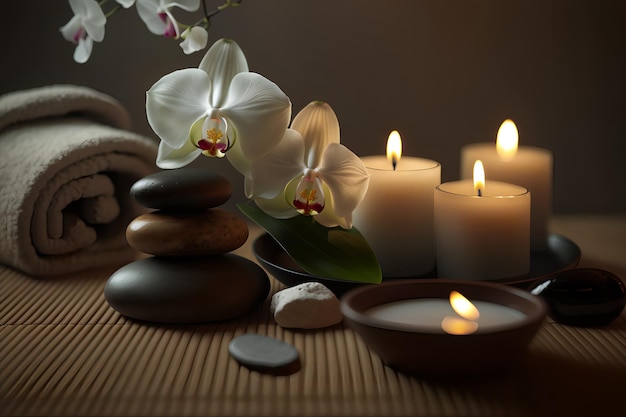 A candle and candles are on a table in a spa setting.