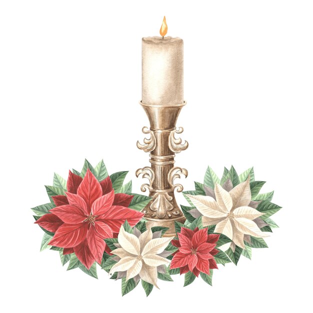 Candle in candlestick with poinsettia red and white flowers christmas decoration in vintage hand