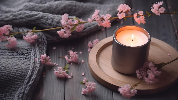 A candle and a cherry blossom on a wooden table