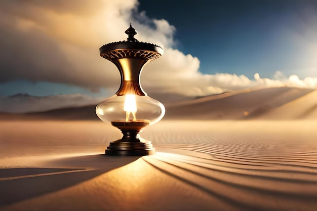 A candle in the desert with the sun behind it