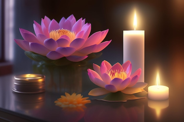 A candle and flowers are lit up in a dark room