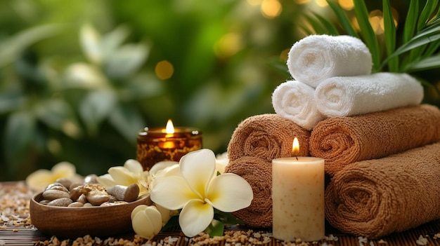 a candle and flowers are on a table with a candle and flowers