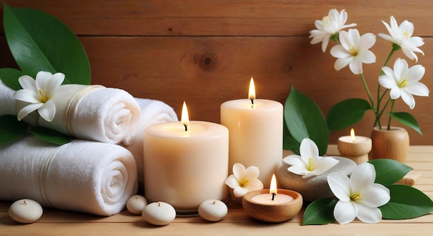 a candle and flowers on a table with a candle in the center