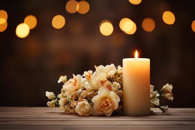 Photo a candle and flowers on a table