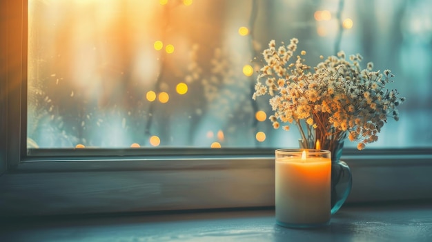 Photo candle and flowers on windowsill with warm bokeh light