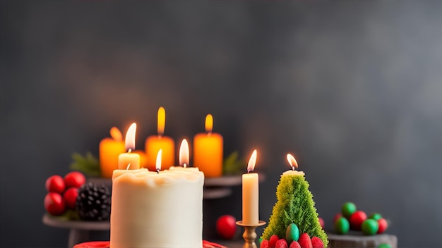 Photo a candle in front of a christmas tree and a candle in the background