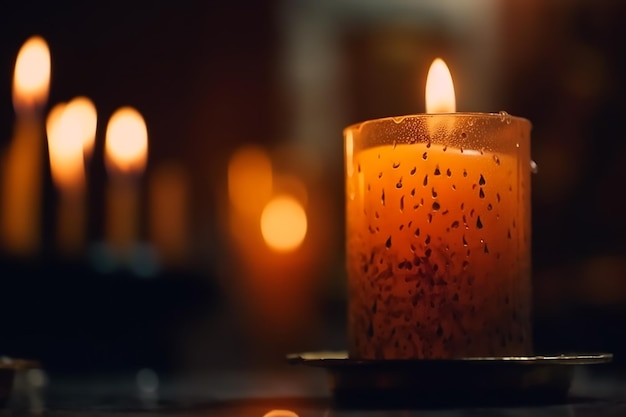 A candle in front of a dark background