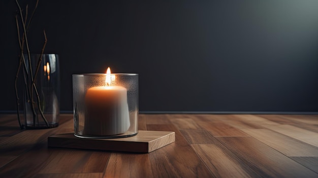 A candle in a glass jar on a wooden table