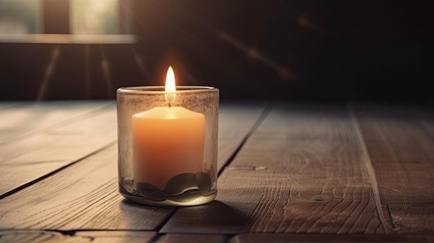 A candle in a glass on a wooden table