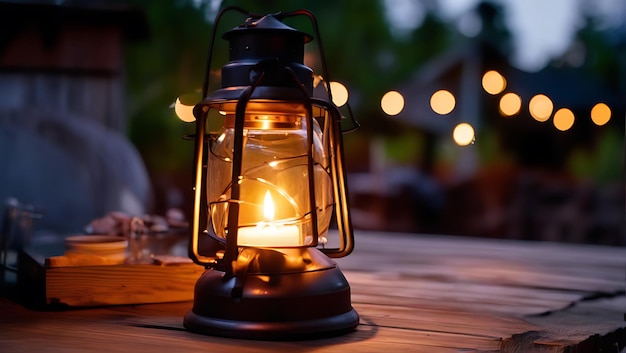 Photo candle glowing in lantern on wooden picnic table