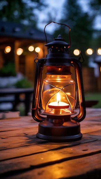 Photo candle glowing in lantern on wooden picnic table