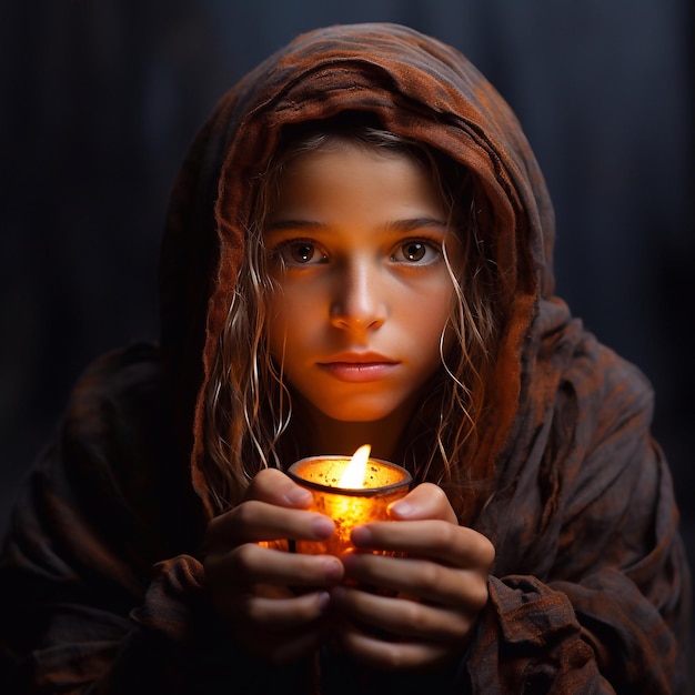 Candle in the hands of a woman on a dark background Portrait of a beautiful little girl with a candle in her hands Generative AI