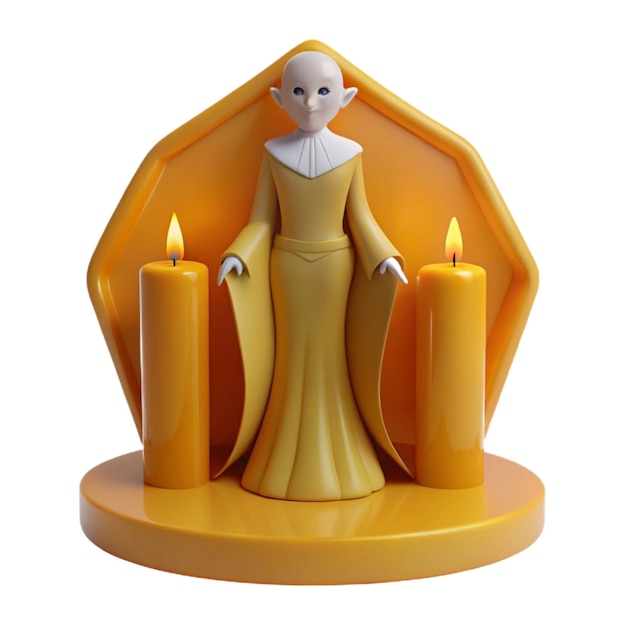 a candle holder with a figure of a woman with a halo around her face