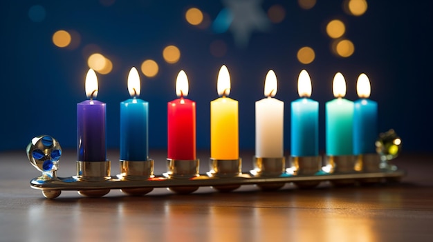 A candle holder with many candles lit up with the word christmas on it