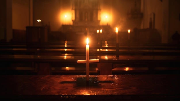 Candle Illuminating Cross in Dark Church Interior Scene