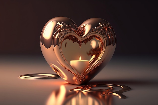 Candle inside a glossy melting metal heart, rose gold