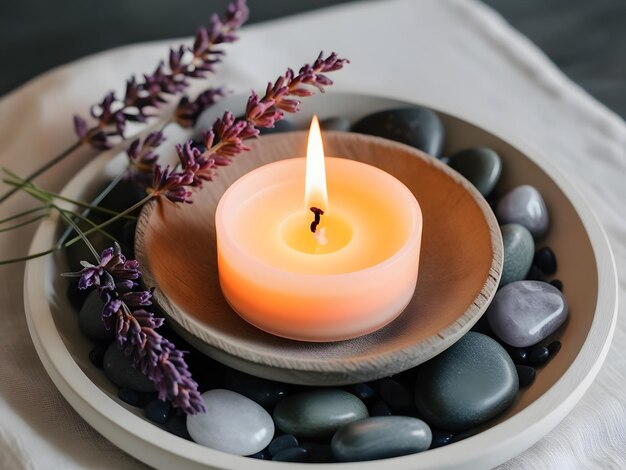 Photo a candle is lit on a bowl with black stones