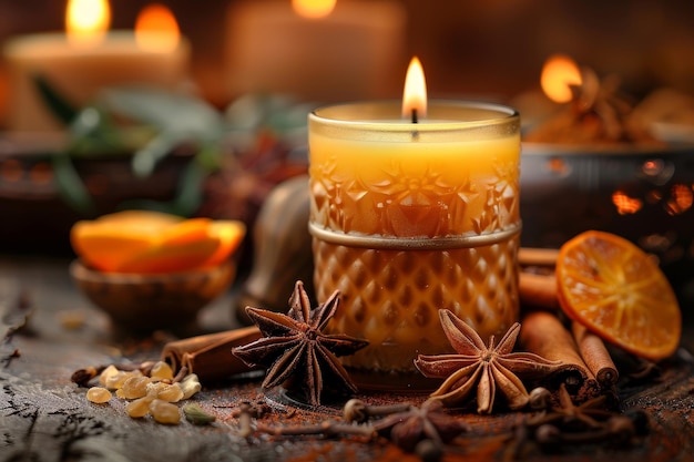 A candle is lit in a glass jar with cinnamon and orange slices