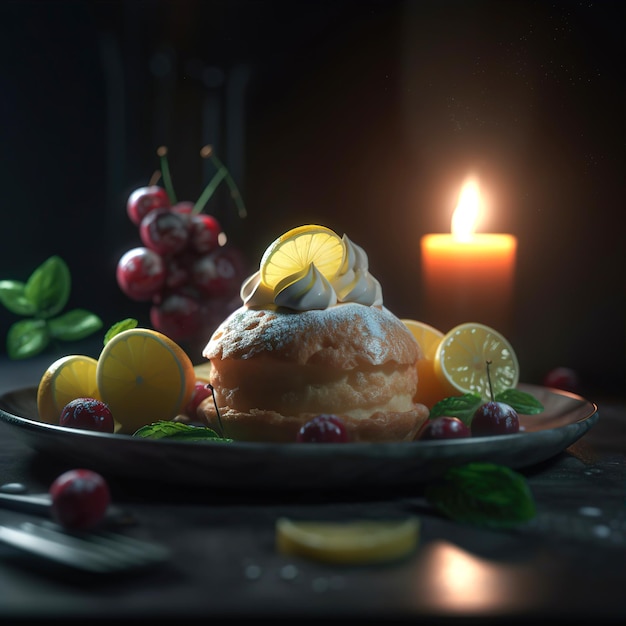 A candle is lit next to a plate of food with lemons and lemons.