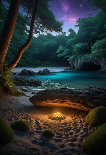 a candle is lit in the sand next to a river