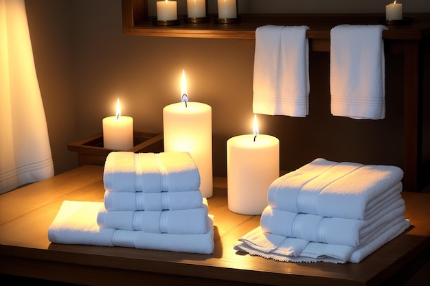 A candle is lit next to a stack of towels.