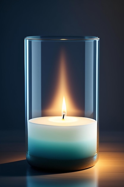 A candle is lit up with a blue background under the water