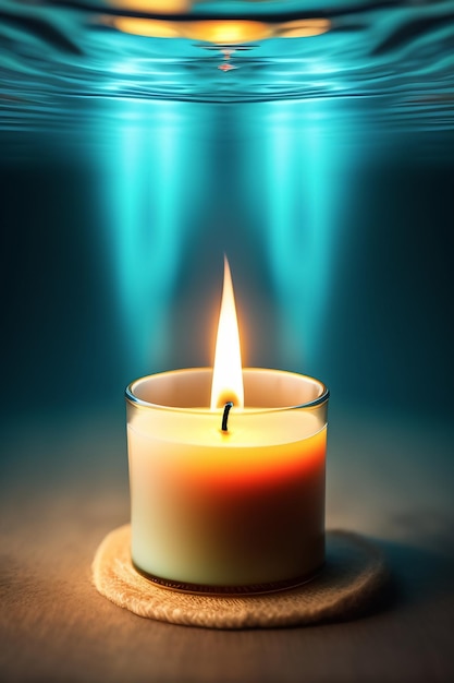 A candle is lit up with a blue background under the water