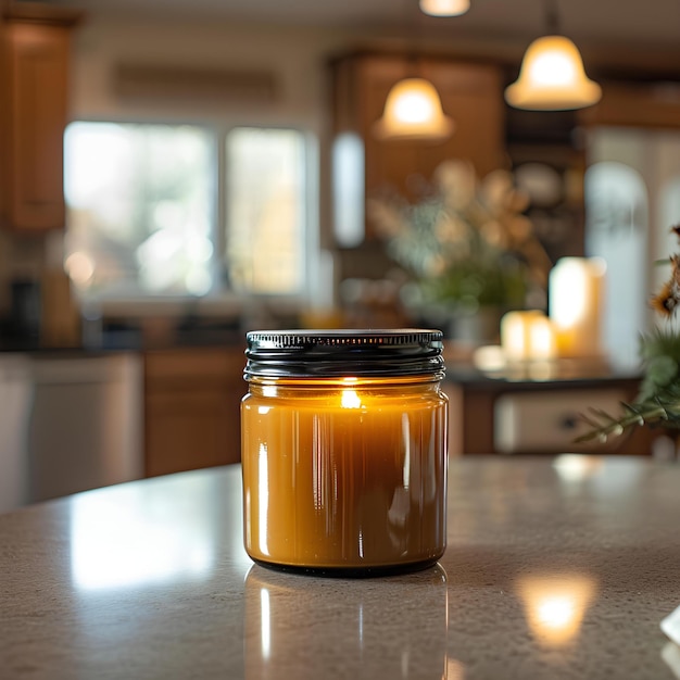 A candle is sitting on a kitchen counter top with a vase of flowers in the background and a kitchen