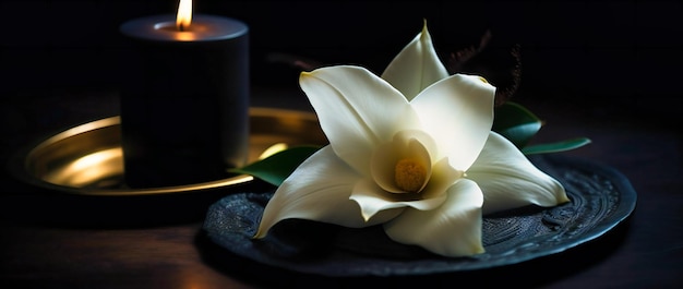 A candle is standing beside another white flower