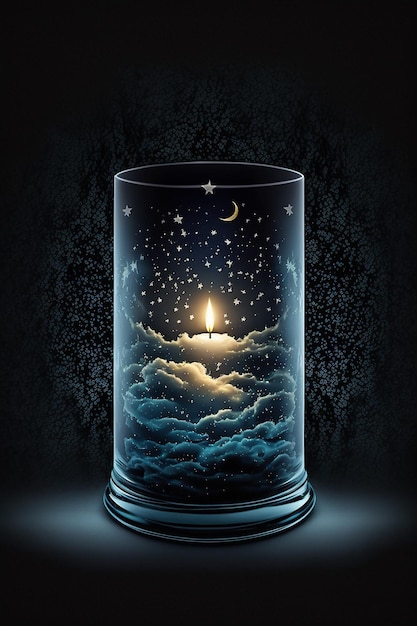 A candle in a jar with a moon and stars on it