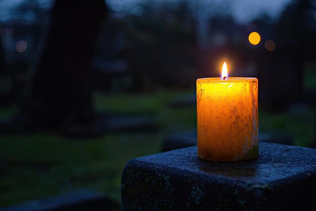 Photo a candle lit on gravestone at night creates serene atmosphere