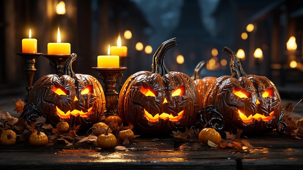 Candle lit Halloween Pumpkins Generative AI